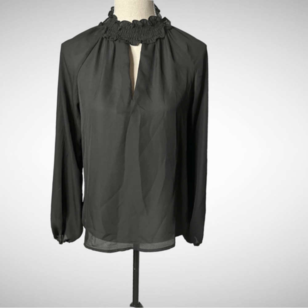 Main Strip Sheer Black High Neck Key Hole Blouse, Size Small